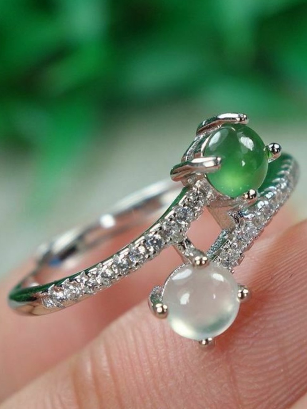 Certified Green+Icy white 100% Natural A jadeite jade Ring S925 silver Free Size